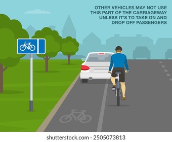 Safe driving tips and traffic regulation rules. British "mandatory with flow pedal cycle lane" road sign meaning. Back view of a car parked on a dedicated lane. Flat vector illustration template.