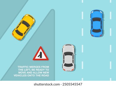 Consejos de conducción segura y reglas de regulación de tráfico. Significado de la señal de tráfico británica "se fusiona desde la izquierda". Vista superior de un flujo de tráfico en la carretera principal. Plantilla de Ilustración vectorial plana.