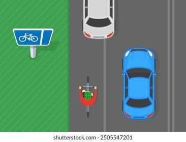 Safe driving tips and traffic regulation rules. Top view of a bicyclist on a with flow pedal cycle lane. Parked car blocked the path. Flat vector illustration template.