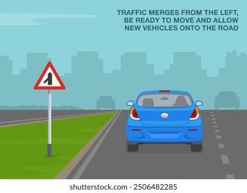 Consejos de conducción segura y reglas de regulación de tráfico. Significado de la señal de tráfico británica "se fusiona desde la izquierda". Vista trasera de un coche azul en la carretera principal. Plantilla de Ilustración vectorial plana.