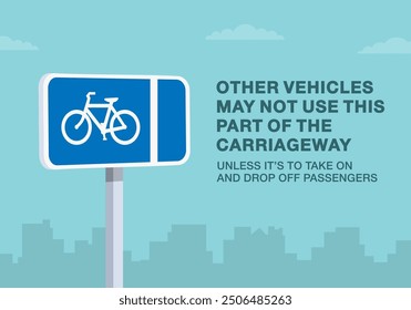 Consejos de conducción segura y reglas de regulación de tráfico. Señal de tráfico británica "obligatoria con carril bici de pedal de flujo". Otros vehículos no pueden utilizar la calzada. Plantilla de Ilustración vectorial plana.