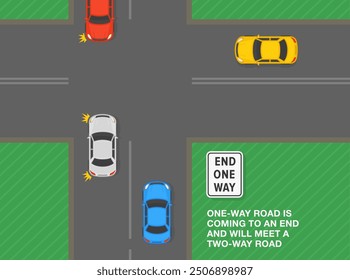 Safe driving tips and traffic regulation rules. One-way road is coming to an end and will meet a two-way road. Top view of an intersection. Flat vector illustration template.