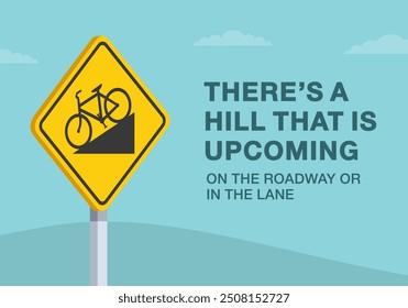 Consejos de conducción segura y reglas de regulación de tráfico. Primer plano de la señal de "bicycle hill road" de Estados Unidos. Hay una colina que se aproxima. Plantilla de Ilustración vectorial plana.