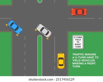 Consejos de conducción segura y reglas de regulación de tráfico. Estados Unidos "u-turn yield to right turn" significa signo. Vista superior de un flujo de tráfico en la intersección. Plantilla de Ilustración vectorial plana.