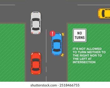 Safe driving tips and traffic regulation rules. United States "no turns" sign meaning. Blue car is going to turn right at intersection. Top view. Flat vector illustration template.