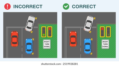 Consejos de conducción segura y reglas de regulación de tráfico. Conducción correcta e incorrecta. El vehículo está girando a la derecha en la intersección. Vista superior de un área de señal de "señal de giro a la derecha". Plantilla de Ilustración vectorial plana.