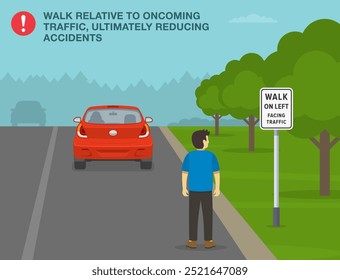 Safe driving tips and traffic regulation rules. "Walk on left, facing traffic" sign meaning. Back view of a pedestrian on the right side of the country road. Flat vector illustration template.