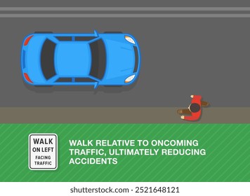 Safe driving tips and traffic regulation rules. "Walk on left, facing traffic" sign meaning. Top view of a pedestrian walking against the traffic. Flat vector illustration template.