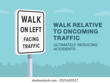 Safe driving tips and traffic regulation rules. Close-up of United States "walk on left, facing traffic" sign. Walk relative to oncoming traffic. Flat vector illustration template.