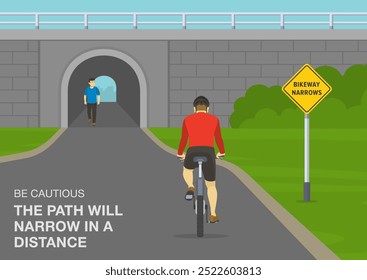 Consejos de conducción segura y reglas de regulación de tráfico. Signo de "bikeway narrows" de los Estados Unidos que significa. Vista trasera de un ciclista acercándose a un túnel en el parque. Plantilla de Ilustración vectorial plana.