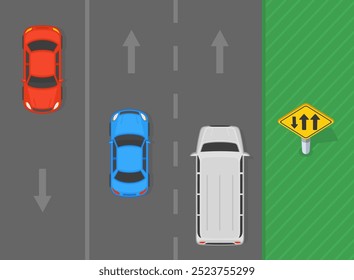 Dicas de condução segura e regras de regulação de tráfego. Vista de cima de uma rua de dois sentidos, onde uma faixa de rodagem na direção oposta. Modelo de ilustração de vetor plano.