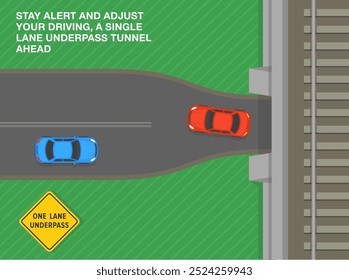 Consejos de conducción segura y reglas de regulación de tráfico. Signo de "paso inferior de un carril" de Estados Unidos que significa. Vista superior de un flujo de tráfico. Plantilla de Ilustración vectorial plana.