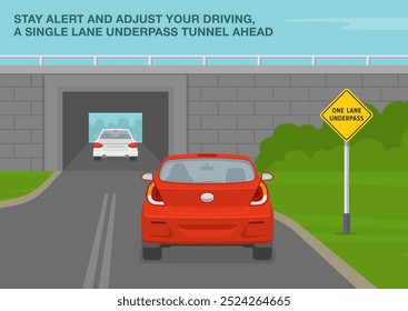 Consejos de conducción segura y reglas de regulación de tráfico. Signo de "paso inferior de un carril" de Estados Unidos que significa. Vista trasera de un coche rojo acercándose al túnel de un solo carril. Plantilla de Ilustración vectorial plana.