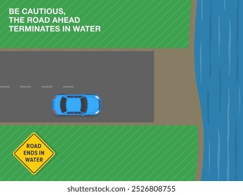 Consejos de conducción segura y reglas de regulación de tráfico. Estados Unidos "la carretera termina en agua" significado del signo. Vista superior de un coche acercándose a una playa. Plantilla de Ilustración vectorial plana.