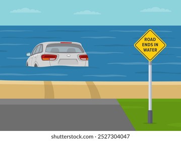 Consejos de conducción segura y reglas de regulación de tráfico. Vista trasera del vehículo todoterreno en el agua. Cartel de "El camino termina en agua" en la playa. Plantilla de Ilustración vectorial plana.