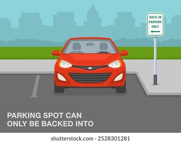 Safe driving tips and traffic regulation rules. "Back-in parking only" sign area. Correct roadside parked car. Front view. Flat vector illustration template.