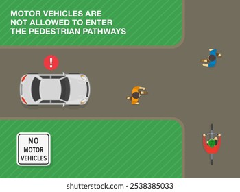 Consejos de conducción segura y reglas de regulación de tráfico. Estados Unidos "sin vehículos de motor" significa signo. Vista superior de un coche en el camino peatonal. Plantilla de Ilustración vectorial plana.