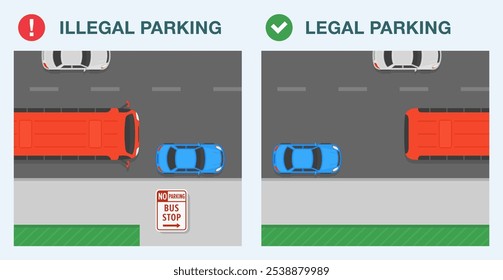 Dicas de condução segura e regras de regulação de tráfego. Estacionamento legal e ilegal. Área de sinalização "Sem estacionamento, parada de ônibus". Vista de cima de um carro estacionado na parada de ônibus. Modelo de ilustração de vetor plano.