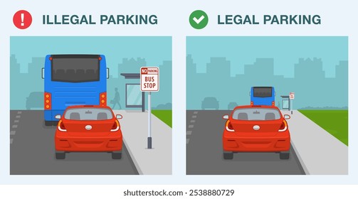 Dicas de condução segura e regras de regulação de tráfego. Estacionamento legal e ilegal. Vista traseira de um carro estacionado na parada de ônibus. Área de sinalização "Sem estacionamento, parada de ônibus". Modelo de ilustração de vetor plano.