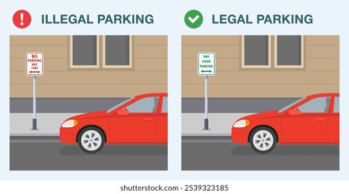 Dicas de condução segura e regras de regulação de tráfego. Estacionamento legal e ilegal. Sem estacionamento em qualquer área de sinalização de tempo. Modelo de ilustração de vetor plano.