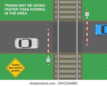 Safe driving tips and traffic regulation rules. United States "trains may exceed 80 mph" sign meaning. Top view of a cars stopped at level crossing. Flat vector illustration template.