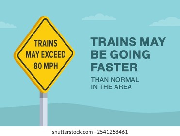 Consejos de conducción segura y reglas de regulación de tráfico. Primer plano de los trenes de los Estados Unidos "pueden exceder las 80 mph" significado del signo. Los trenes pueden ir más rápido de lo normal. Plantilla de Ilustración vectorial plana.