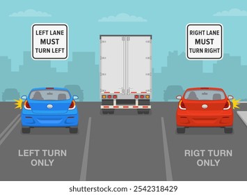 Consejos de conducción segura y reglas de regulación de tráfico. Estados Unidos "el carril izquierdo debe girar a la izquierda", "el carril derecho debe girar a la derecha" señal de tráfico. Vista posterior de los coches en la intersección. Plantilla de Ilustración vectorial plana.