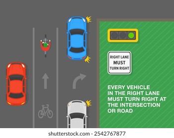 Safe driving tips and traffic regulation rules. United States "right lane must turn right" sign meaning. Top view of a traffic flow at intersection. Flat vector illustration template.