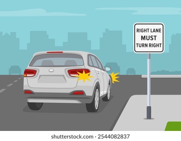 Safe driving tips and traffic regulation rules. Suv making a right turn at "right lane must turn right" road sign. Back view of a car approaching intersection. Flat vector illustration template.