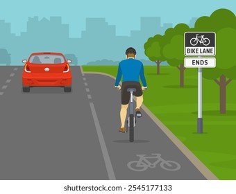 Dicas de condução segura e regras de regulação de tráfego. Estados Unidos "Bike lane ends" área de sinais. Vista traseira de um ciclista em uma ciclofaixa. Modelo de ilustração de vetor plano.