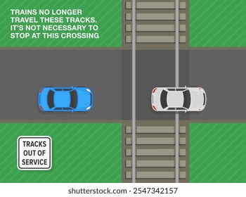 Consejos de conducción segura y reglas de regulación de tráfico. Signo de "Pistas fuera de servicio" de Estados Unidos que significa. Los coches están pasando libremente a través del paso a nivel. Vista superior. Plantilla de Ilustración vectorial plana.