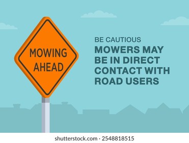 Dicas de condução segura e regras de regulação de tráfego. Close do significado do sinal de "cortando a frente" dos Estados Unidos. As ceifeiras podem estar em contato com os utentes da estrada. Modelo de ilustração de vetor plano.