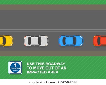 Safe driving tips and traffic regulation rules. United States "evacuation route" sign meaning. Top view of traffic flow leaving the city. Flat vector illustration template.