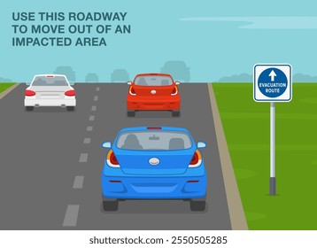 Consejos de conducción segura y reglas de regulación de tráfico. Signo de "ruta de evacuación" de Estados Unidos que significa. Vista trasera del flujo de tráfico que sale de la ciudad. Plantilla de Ilustración vectorial plana.