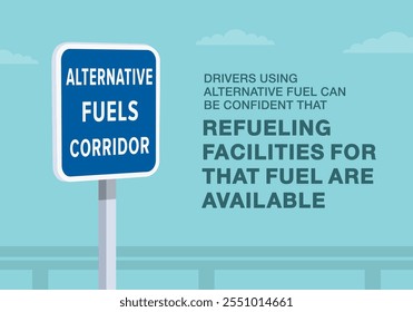 Consejos de conducción segura y reglas de regulación de tráfico. Primer plano del significado del signo de "corredor de combustibles alternativos" de los Estados Unidos. Para conductores que utilizan combustible alternativo. Plantilla de Ilustración vectorial plana.