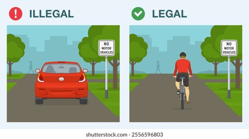 Safe driving tips and traffic regulation rules. Legal and illegal driving. Back view of a car and bicyclist. "No motor vehicles" sign area. Flat vector illustration template.