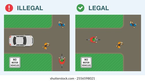 Safe driving tips and traffic regulation rules. Legal and illegal driving. Top view of a car, bicyclist and pedestrians. "No motor vehicles" sign area. Flat vector illustration template.