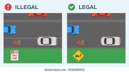 Safe driving tips and traffic regulation rules. Legal and illegal parking. Top view of a car and bicyclist on a shared or sharrow and bike lane. Flat vector illustration template.