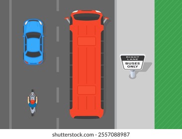 Safe driving tips and traffic regulation rules. "Right lane, buses only" sign area. Top view of a traffic flow on a two lane street. Flat vector illustration template.