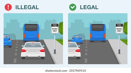 Safe driving tips and traffic regulation rules. Legal and illegal driving. Right lane for buses only. Back view of a traffic flow on a two lane street. Flat vector illustration template.