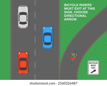 Safe driving tips and traffic regulation rules. United States "bicycles must exit" sign meaning. Top view of a cyclist exiting the highway. Flat vector illustration template.