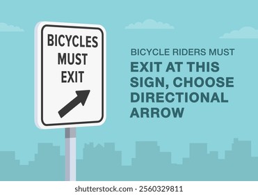 Safe driving tips and traffic regulation rules. Close-up of United States "bicycles must exit" sign meaning. Choose directional arrow. Flat vector illustration template.