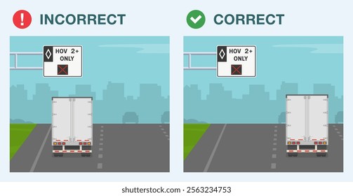 Safe driving tips and traffic regulation rules. Legal and illegal driving on HOV two plus lane. Back view of a truck on highway. Flat vector illustration template.