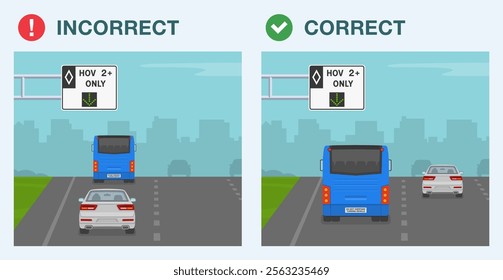 Safe driving tips and traffic regulation rules. Legal and illegal driving on HOV two plus lane. Back view of a bus and sedan car on highway. Flat vector illustration template.