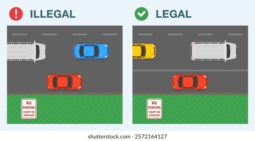 Safe driving tips and traffic regulation rules. Legal and illegal parking. Top view of a car parked on dedicated highway shoulder. No parking except on shoulder. Flat vector illustration template.