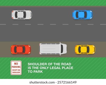 Safe driving tips and traffic regulation rules. Shoulder of the road is the only legal place to park. Top view of a vehicles parked on shoulder. Flat vector illustration template.