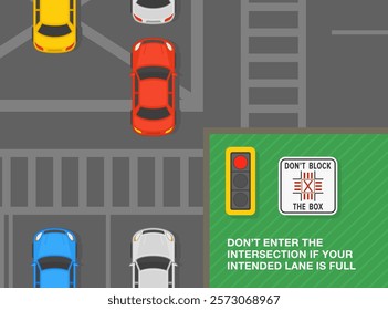 Safe driving tips and traffic regulation rules. United States "do not block the box" sign meaning. Top view of a traffic flow stuck in intersection box. Flat vector illustration template.