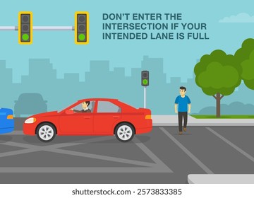 Safe driving tips and traffic regulation rules. Don't enter the intersection if lane is full. Steam of cars obstructed the intersection. Side view. Flat vector illustration template.