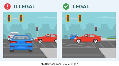 Safe driving tips and traffic regulation rules. Legal and illegal driving. Steam of cars blocked the intersection. Back view. Flat vector illustration template.