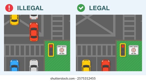 Safe driving tips and traffic regulation rules. Legal and illegal driving. Steam of cars blocked the intersection. Top view. Do not block the box sign. Flat vector illustration template.